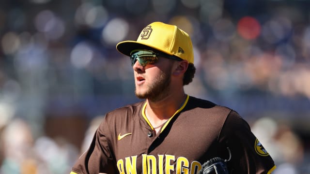Feb 22, 2024; Peoria, Arizona, USA; San Diego Padres outfielder Jackson Merrill against the Los Angeles Dodgers during a spring training game at Peoria Sports Complex.
